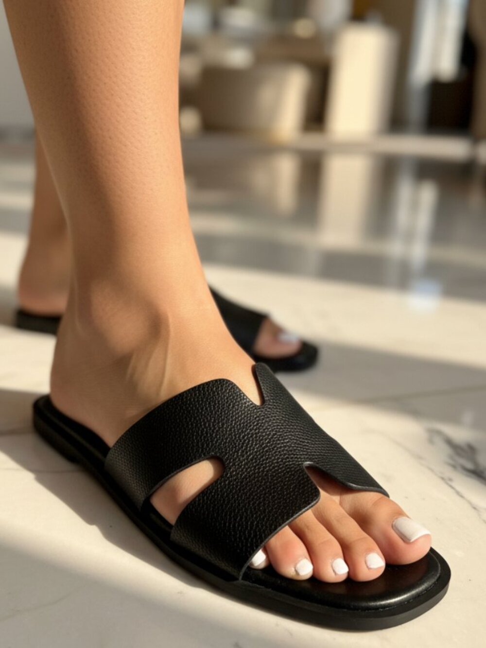 NWT Wild Diva Black Faux Leather H-Strap Flat Slides